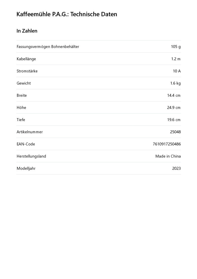 Datenblatt Jura Kaffeem&uuml;hle P.A.G.