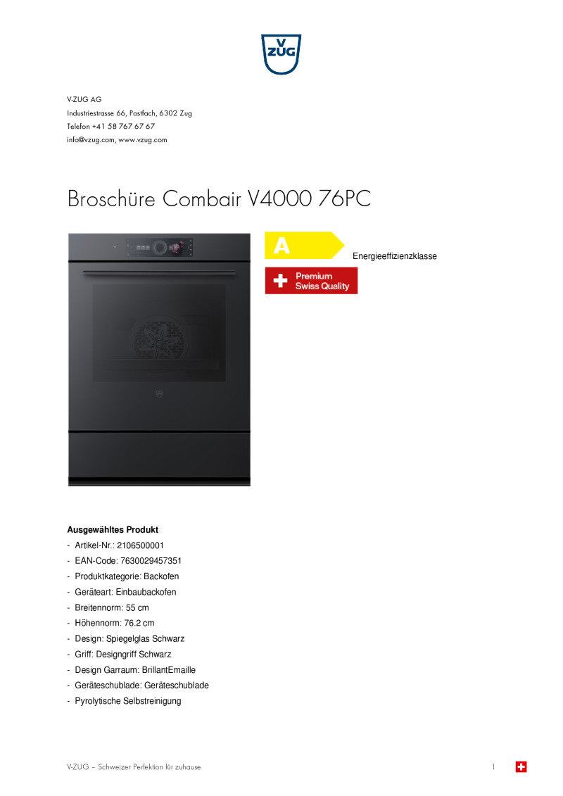 Datenblatt V-Zug Combair V4000 76PC