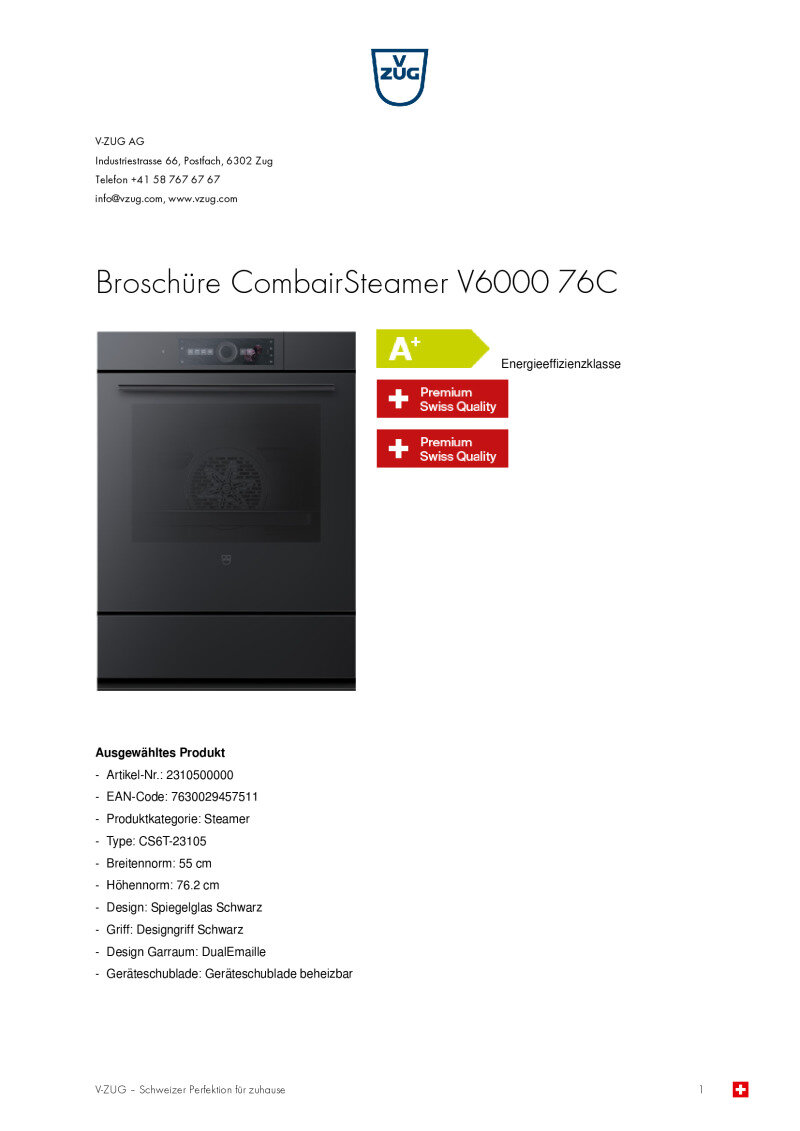 Datenblatt V-Zug CombairSteamer V6000 76C