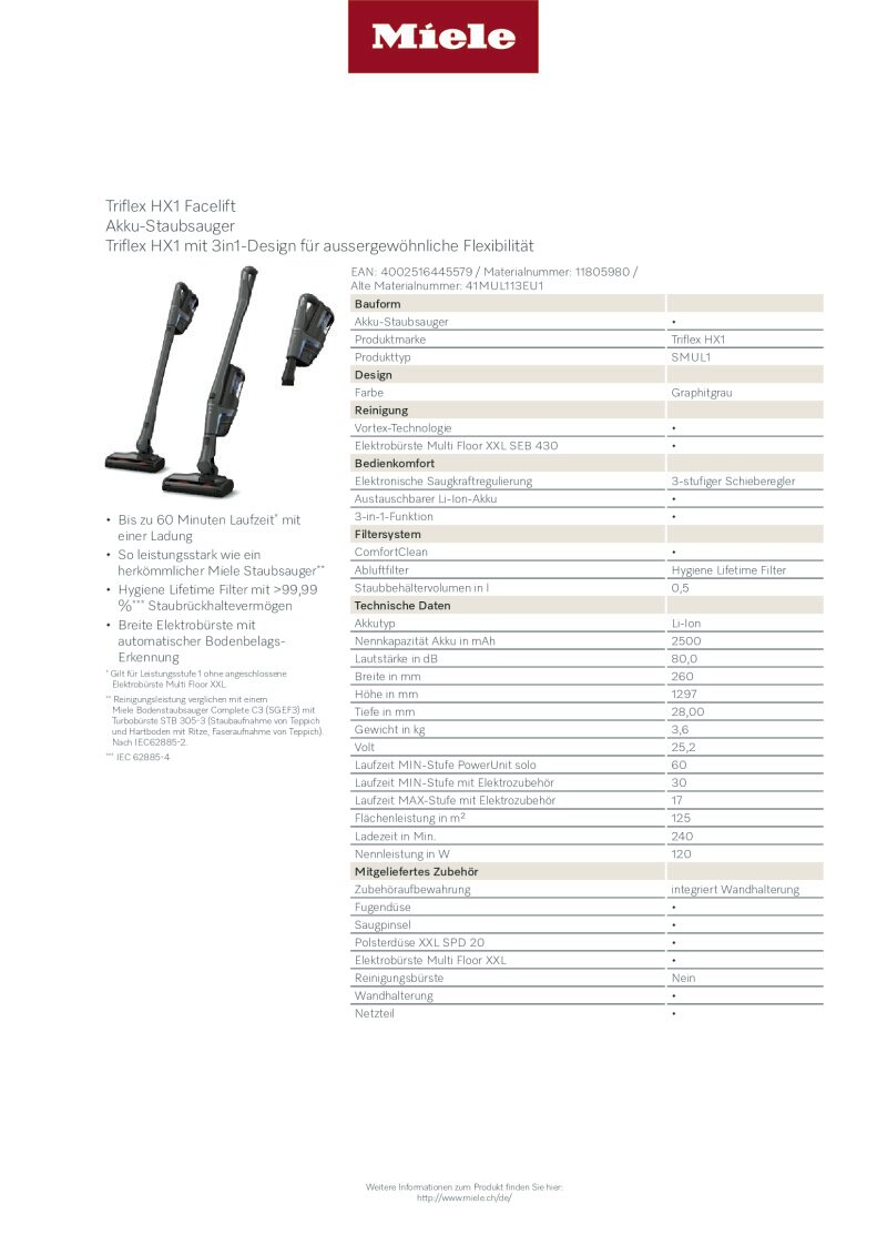 Datenblatt Miele Triflex HX1 Facelift
