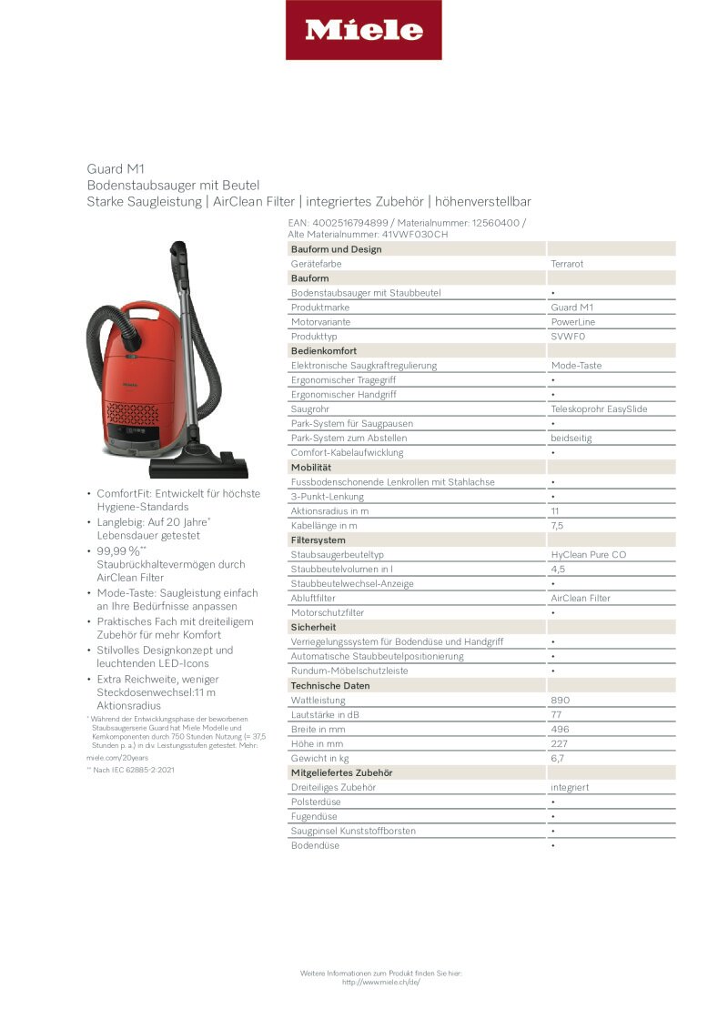 Datenblattt Miele Guard M1