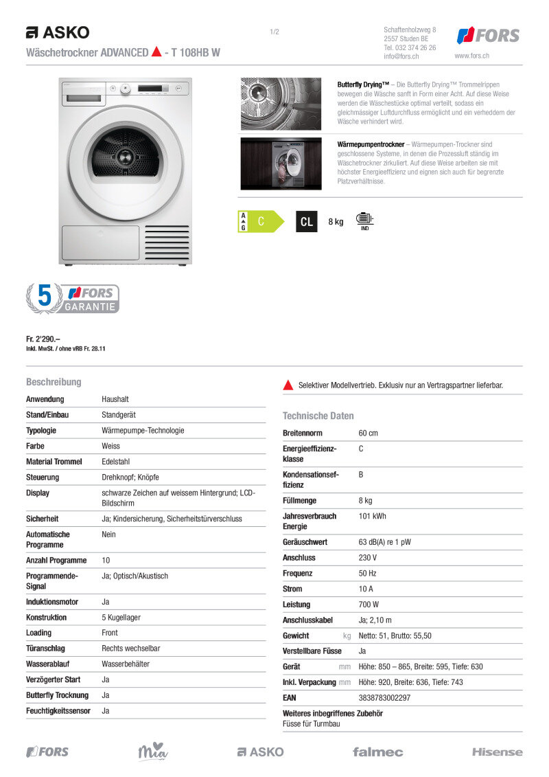 Datenblatt Asko T108HB W