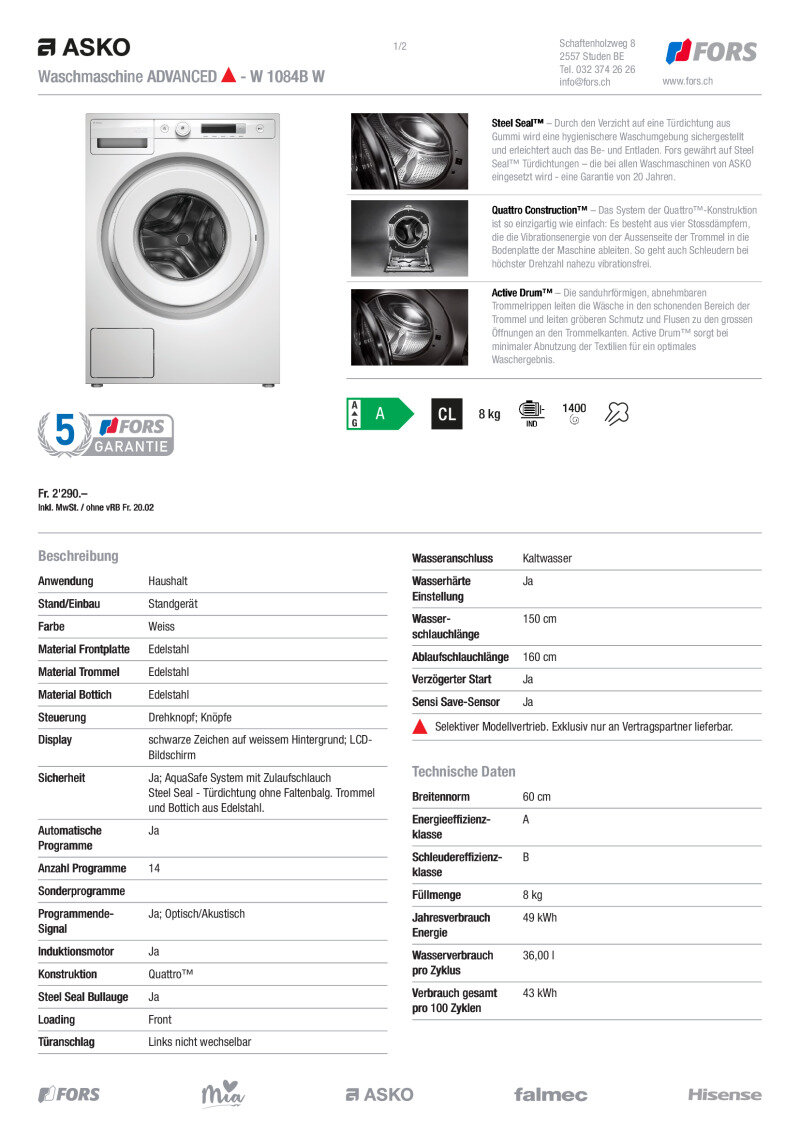 Datenblatt Asko W1084B